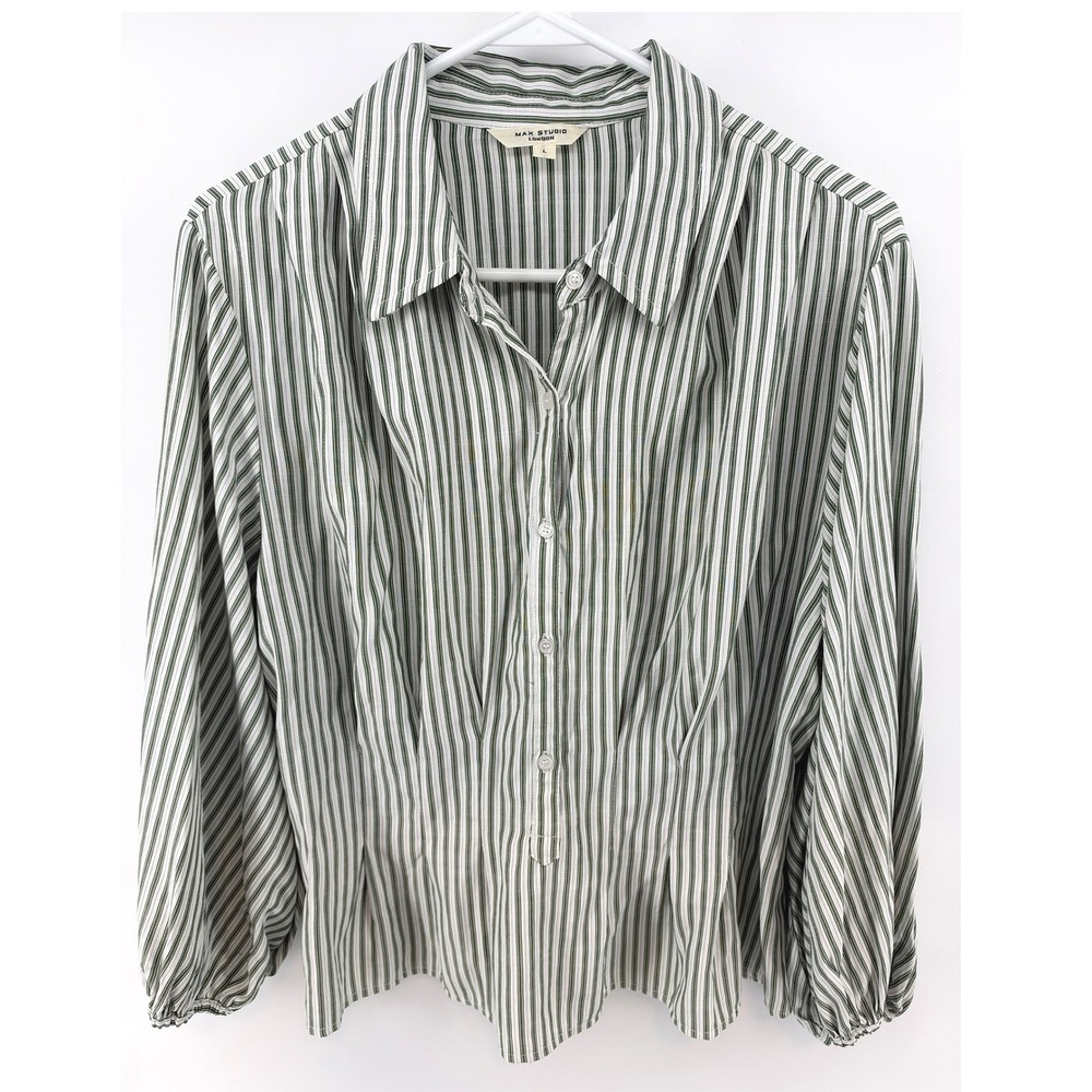 Max Studio L Green Striped Button Up Top Balloon Sleeve Office Victorian Cottage